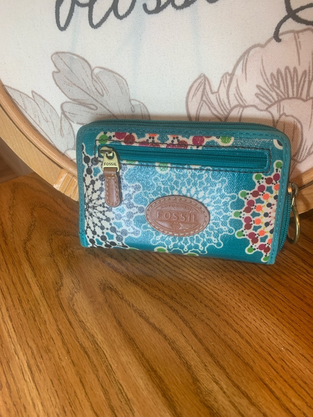 Fossil Teal Floral Pattern Zip Wallet